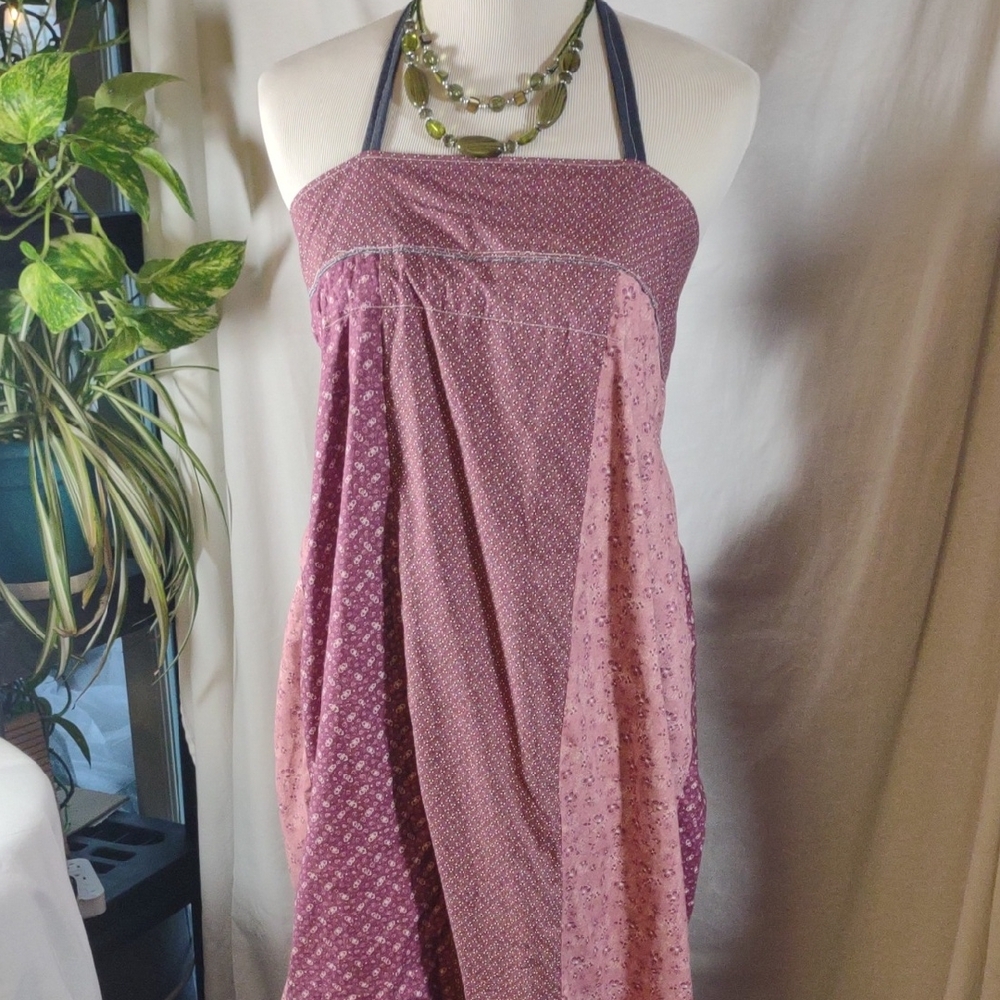 NWOT Vintage Hippie Bohemian Pink & Purple Patchwork Halter Dress - Size M/L